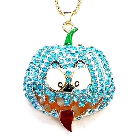 Blue Pumpkin Rhinestone Pendant Necklace - Picture 1 of 1